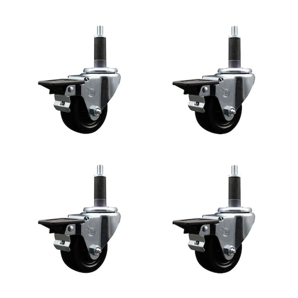 3'' Hard Rubber Swivel 1'' Expanding Stem Caster Set with Brake, 4PK